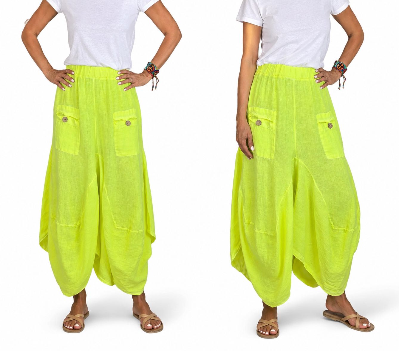 🟡 Pantalón Globo de Lino Amarillo Flúor