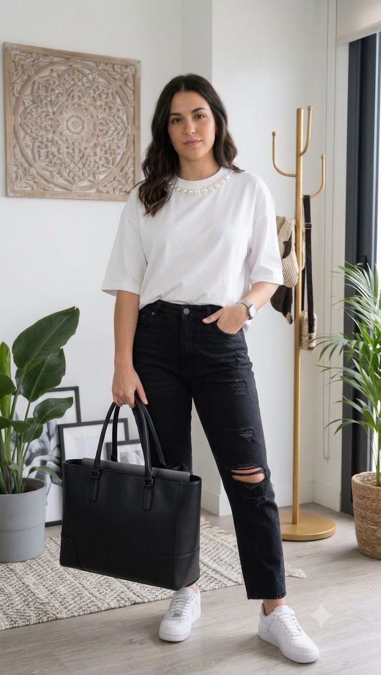 Camiseta Blanca Manga Corta con Piedras en Cuello y Detalle de Perlas en Espalda