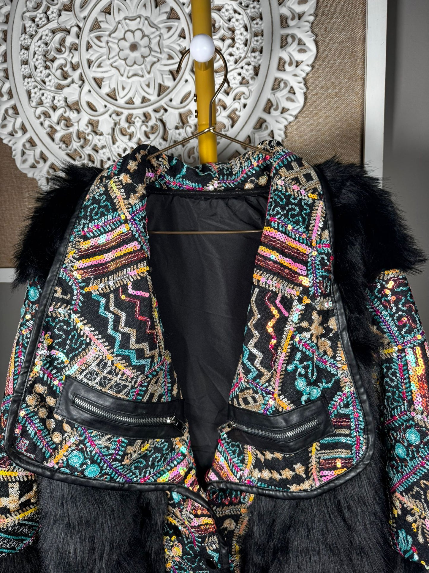 Chaqueta Lentejuelas Multicolor con Pelo Sintético