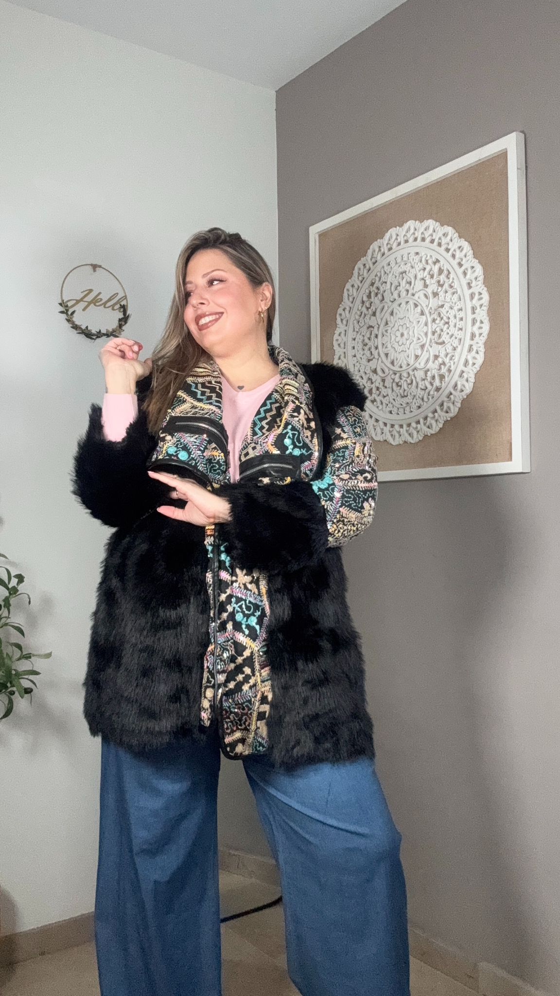 Chaqueta Lentejuelas Multicolor con Pelo Sintético