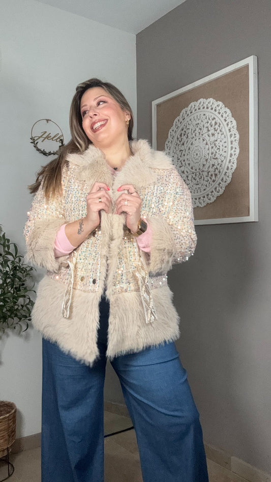 Chaqueta Lentejuelas Multicolor con Pelo Sintético Beige