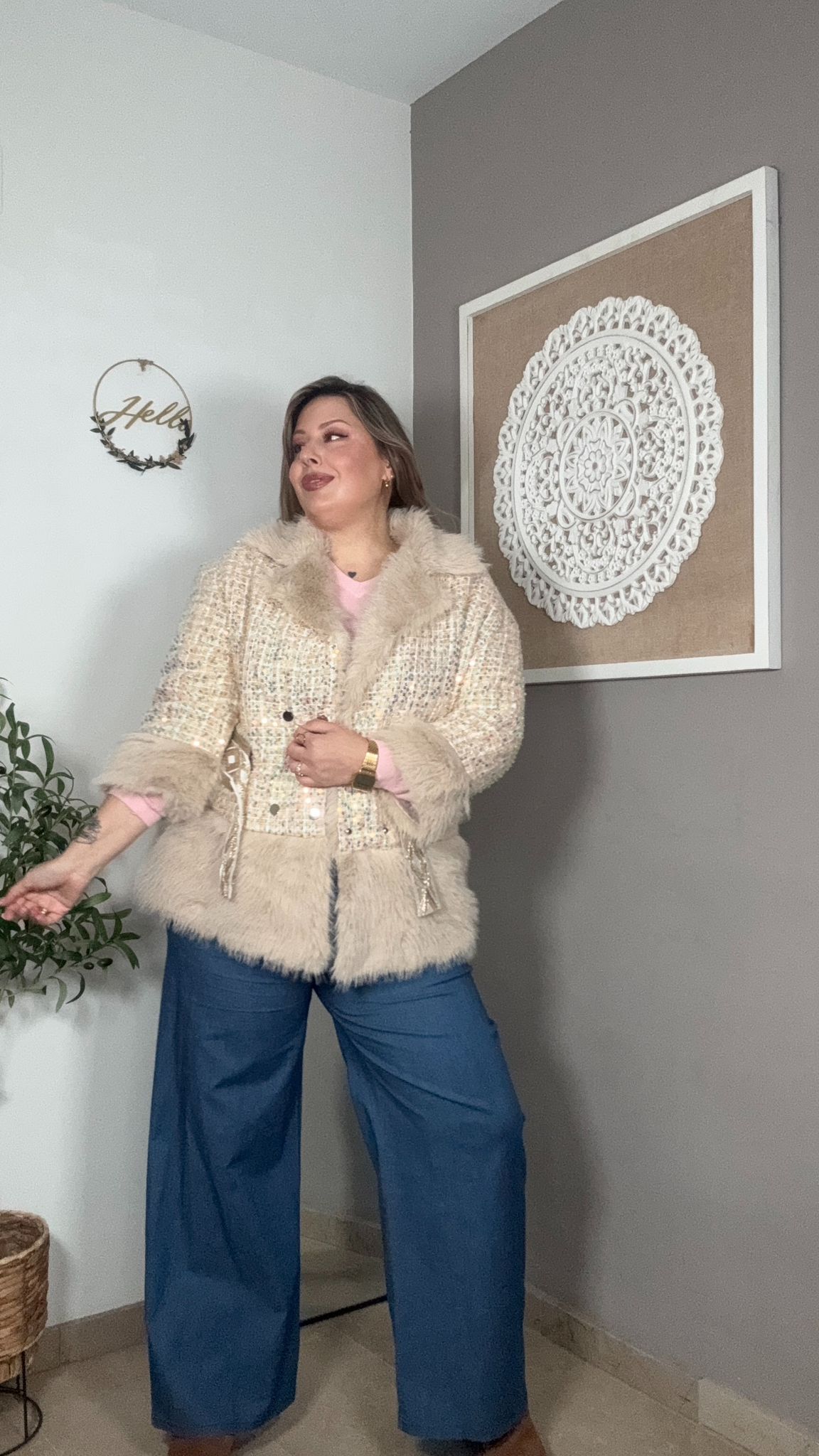 Chaqueta Lentejuelas Multicolor con Pelo Sintético Beige