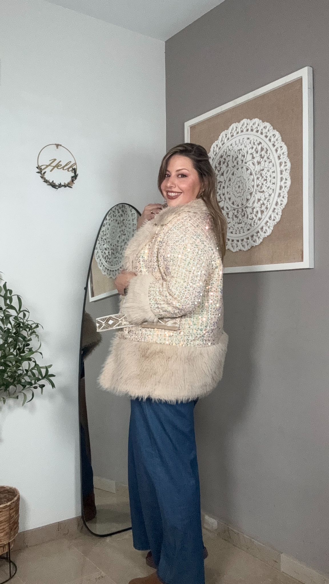 Chaqueta Lentejuelas Multicolor con Pelo Sintético Beige
