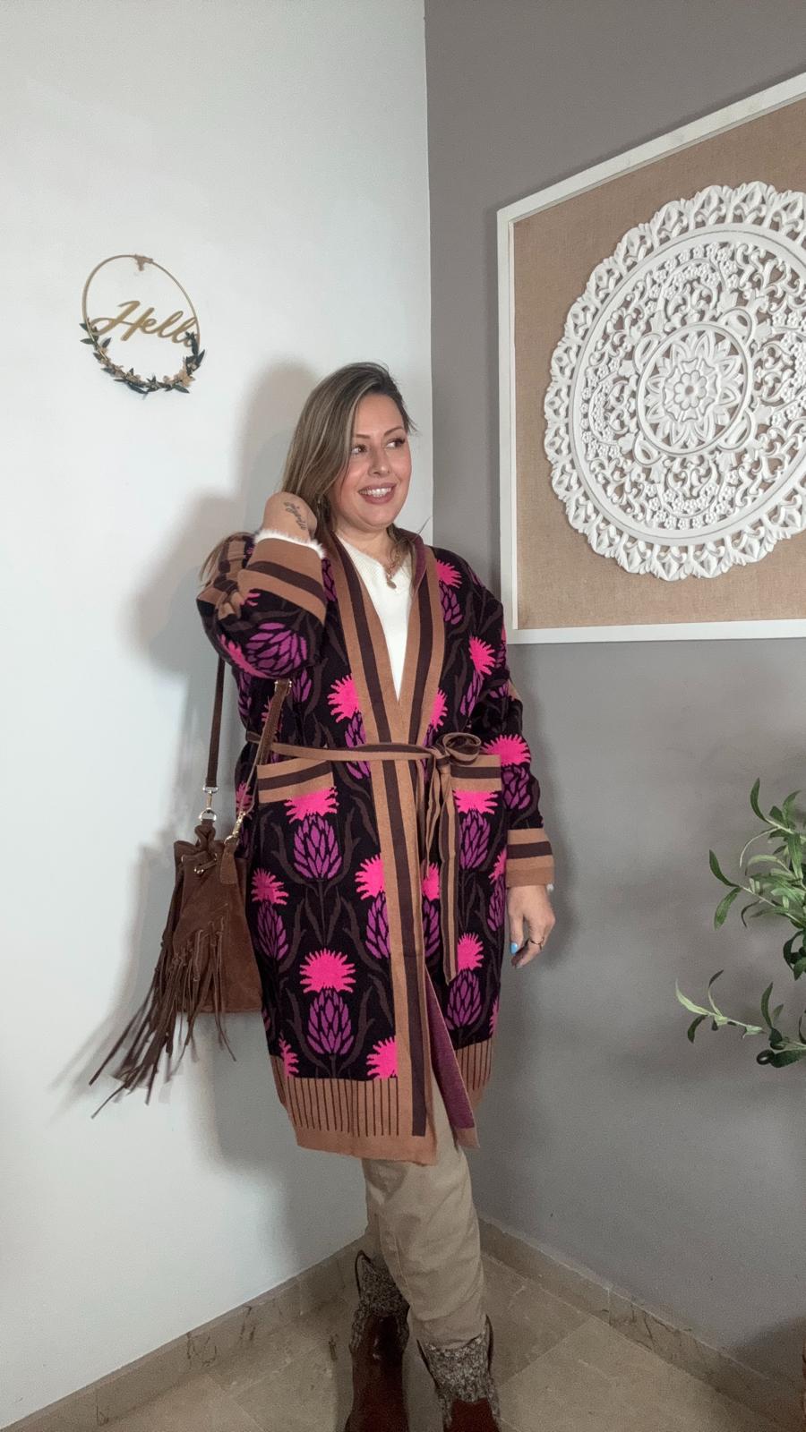 💕 Chaqueta Punto Estampado Floral Fucsia