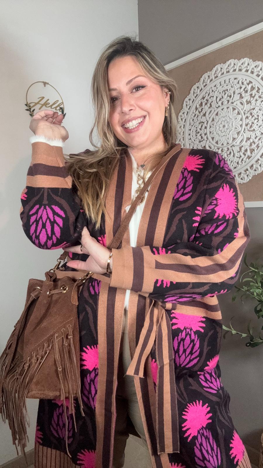 💕 Chaqueta Punto Estampado Floral Fucsia