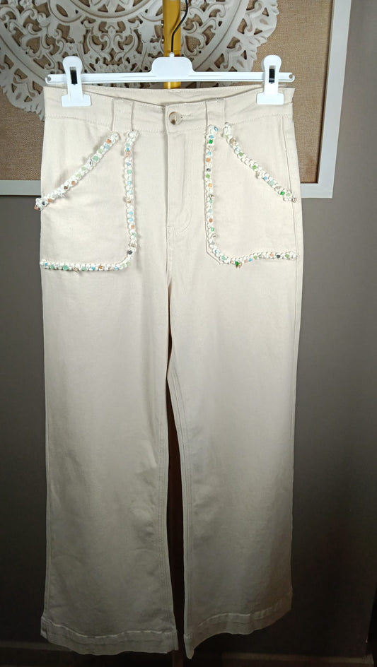 Pantalón Wide Leg Cuentas y Conchitas