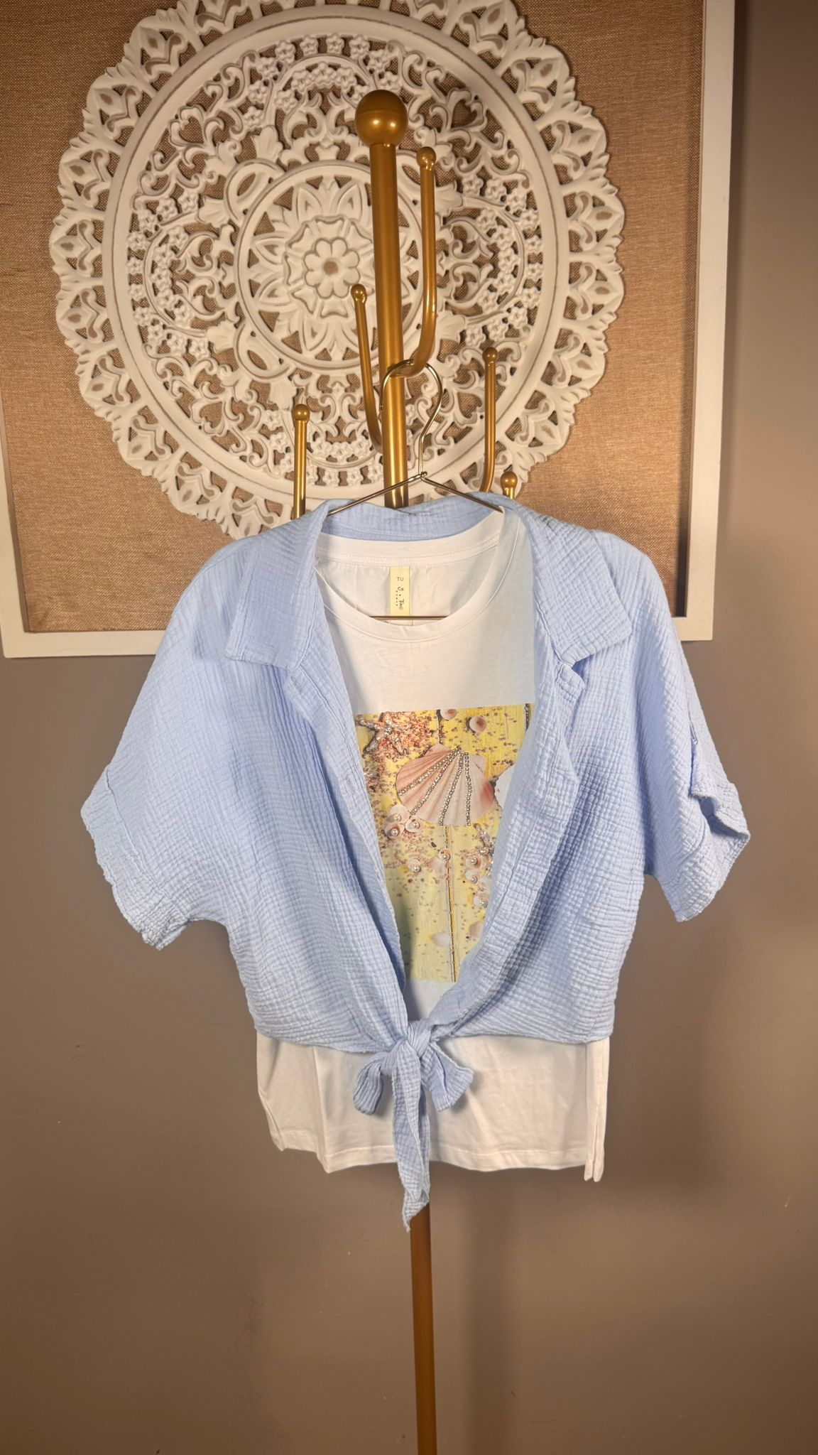 🧵 Conjunto 2 Piezas Muselina Celeste | Camisa Nudo + Shorts