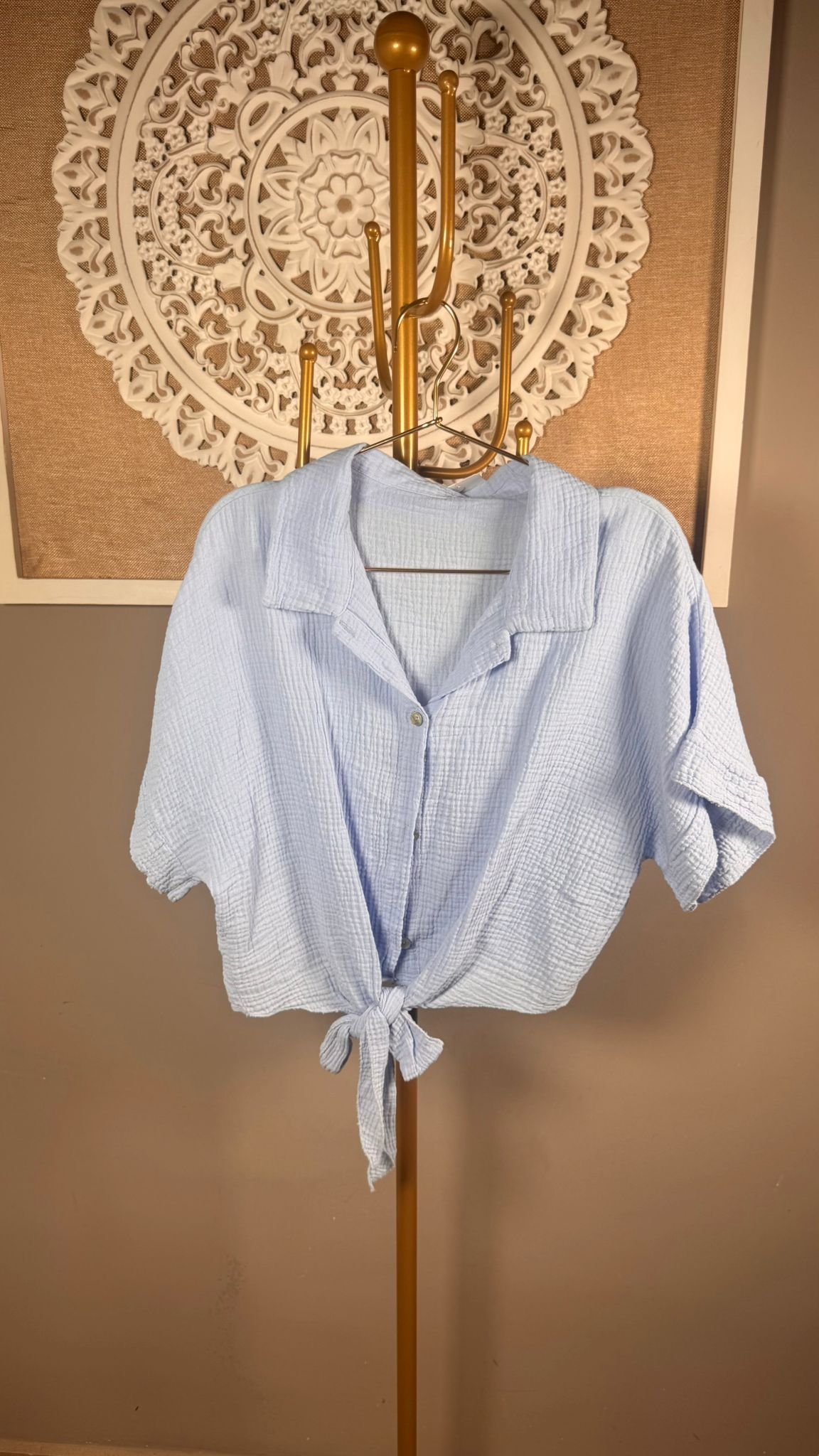 🧵 Conjunto 2 Piezas Muselina Celeste | Camisa Nudo + Shorts