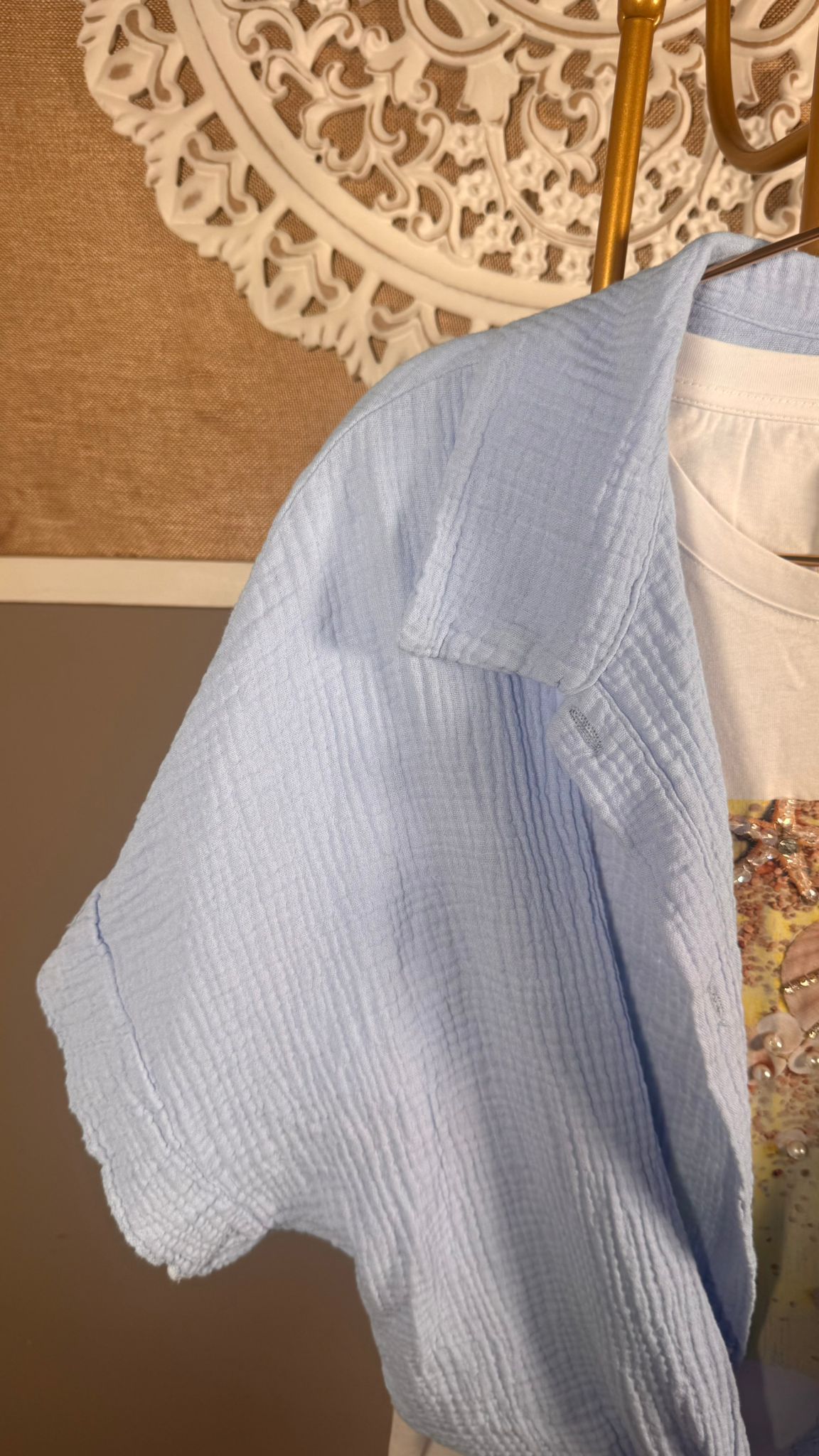 🧵 Conjunto 2 Piezas Muselina Celeste | Camisa Nudo + Shorts