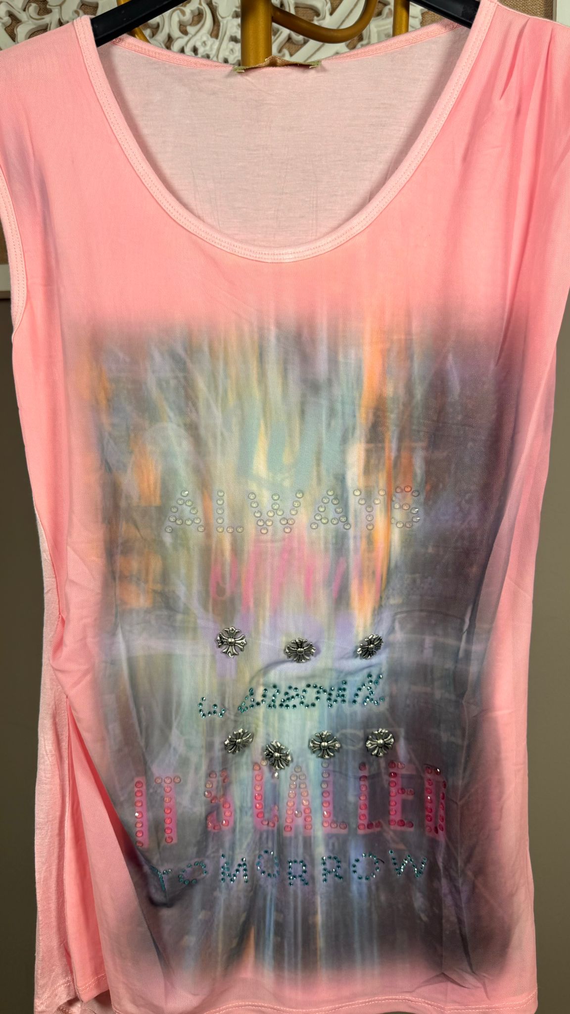 💫 Camiseta Gasa Estampada con Pedrería y Espalda Calada (2 colores)