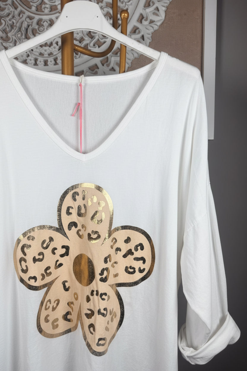 🌸 Camiseta Flor Leopardo Dorada Manga Larga (2 colores)