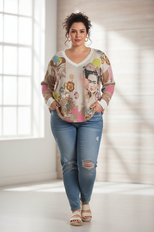 ✨ Camiseta Estampado Frida Kahlo con Detalles Lurex