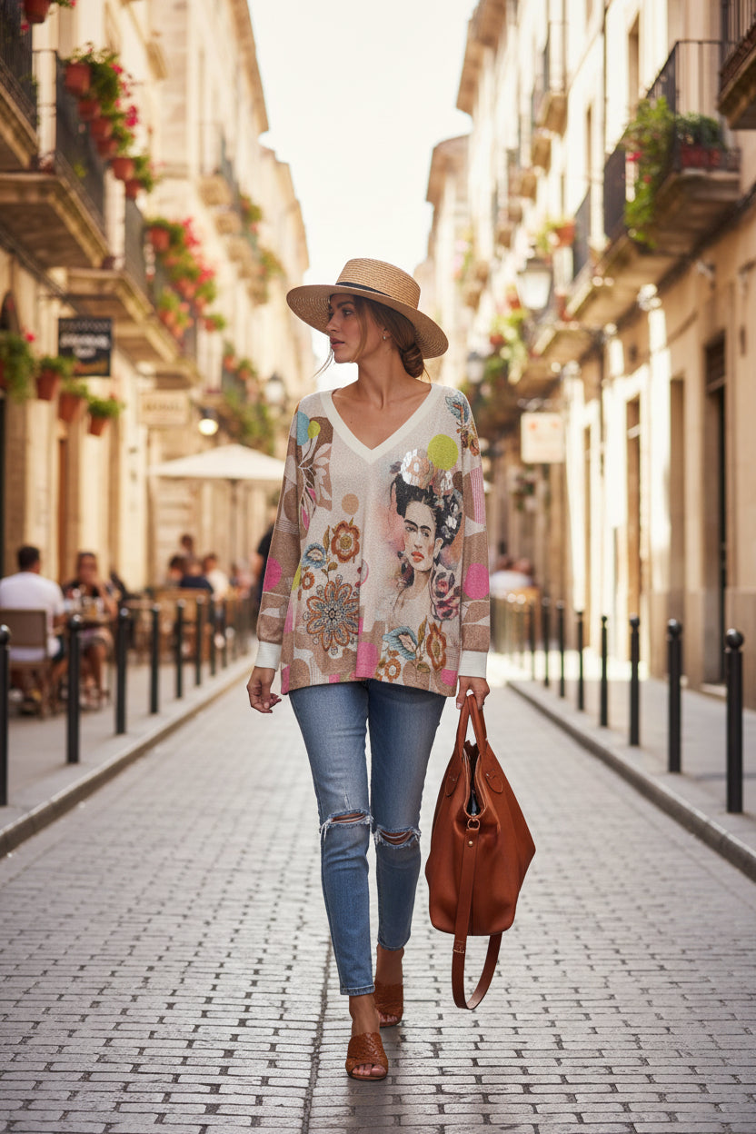 ✨ Camiseta Estampado Frida Kahlo con Detalles Lurex