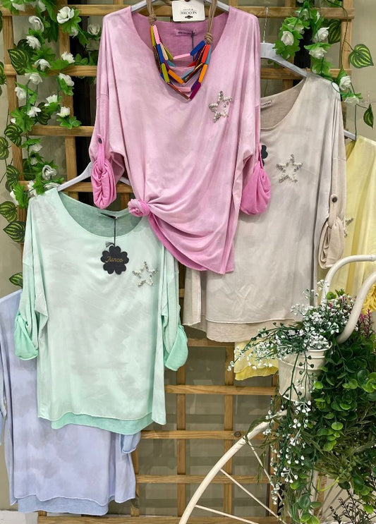 ⭐ Camiseta Textura Tie Dye con Estrella de Perlas y Brillos