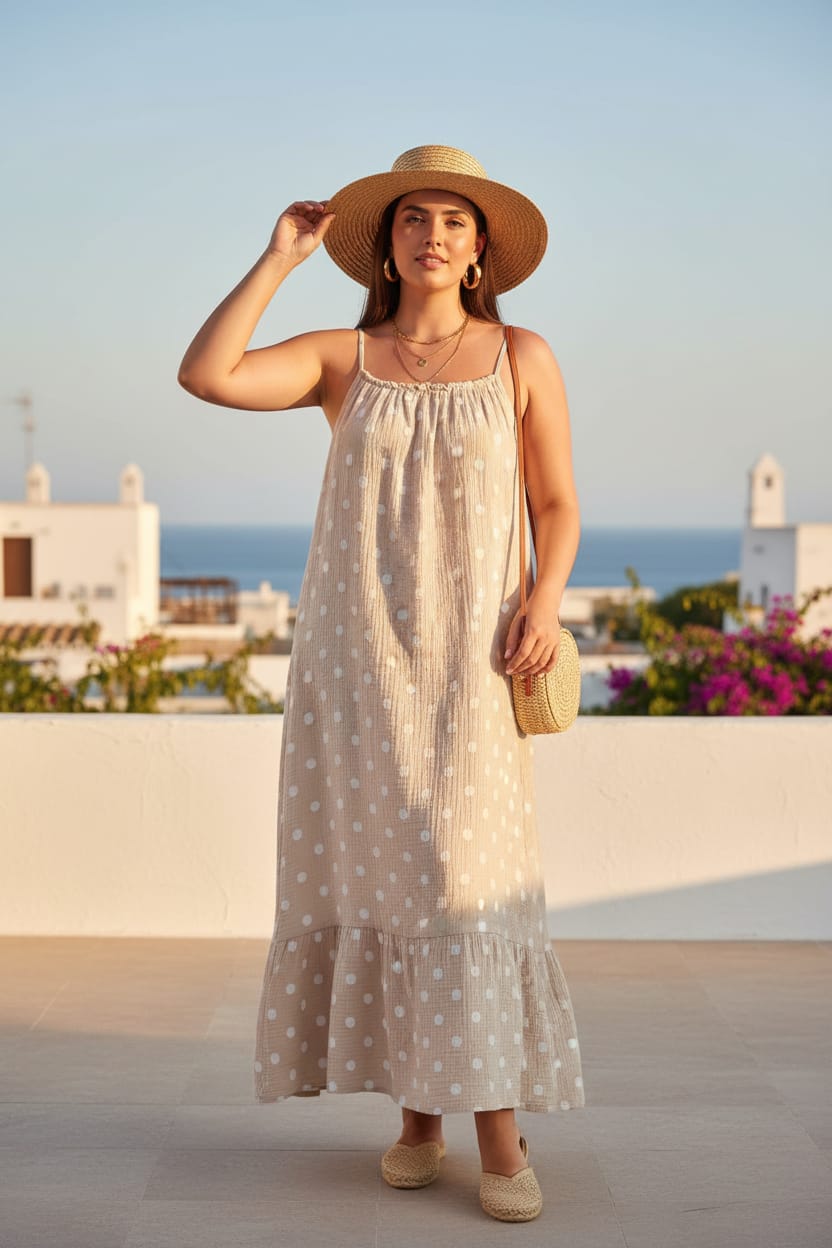 🤍 Vestido Largo Bambula Lunares Beige con Tirantes