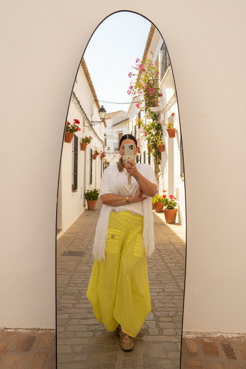 🟡 Pantalón Globo de Lino Amarillo Flúor