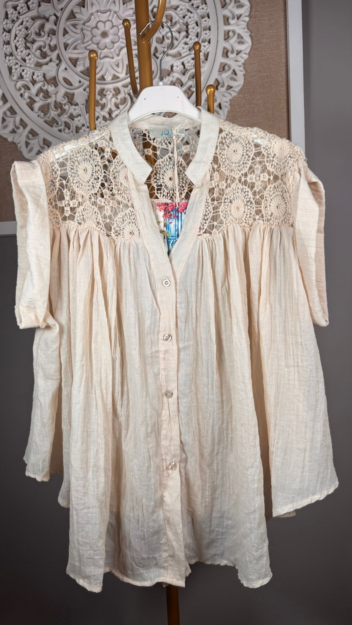 🤍 Camisa Boho Beige con Crochet Artesanal