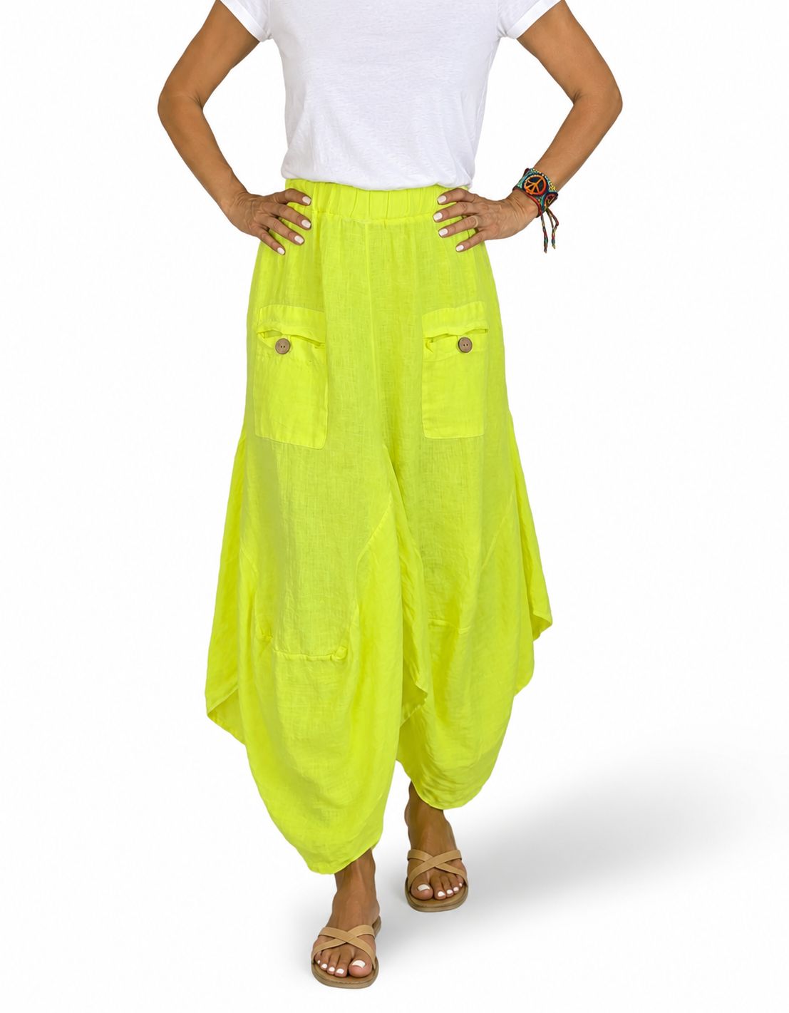 🟡 Pantalón Globo de Lino Amarillo Flúor