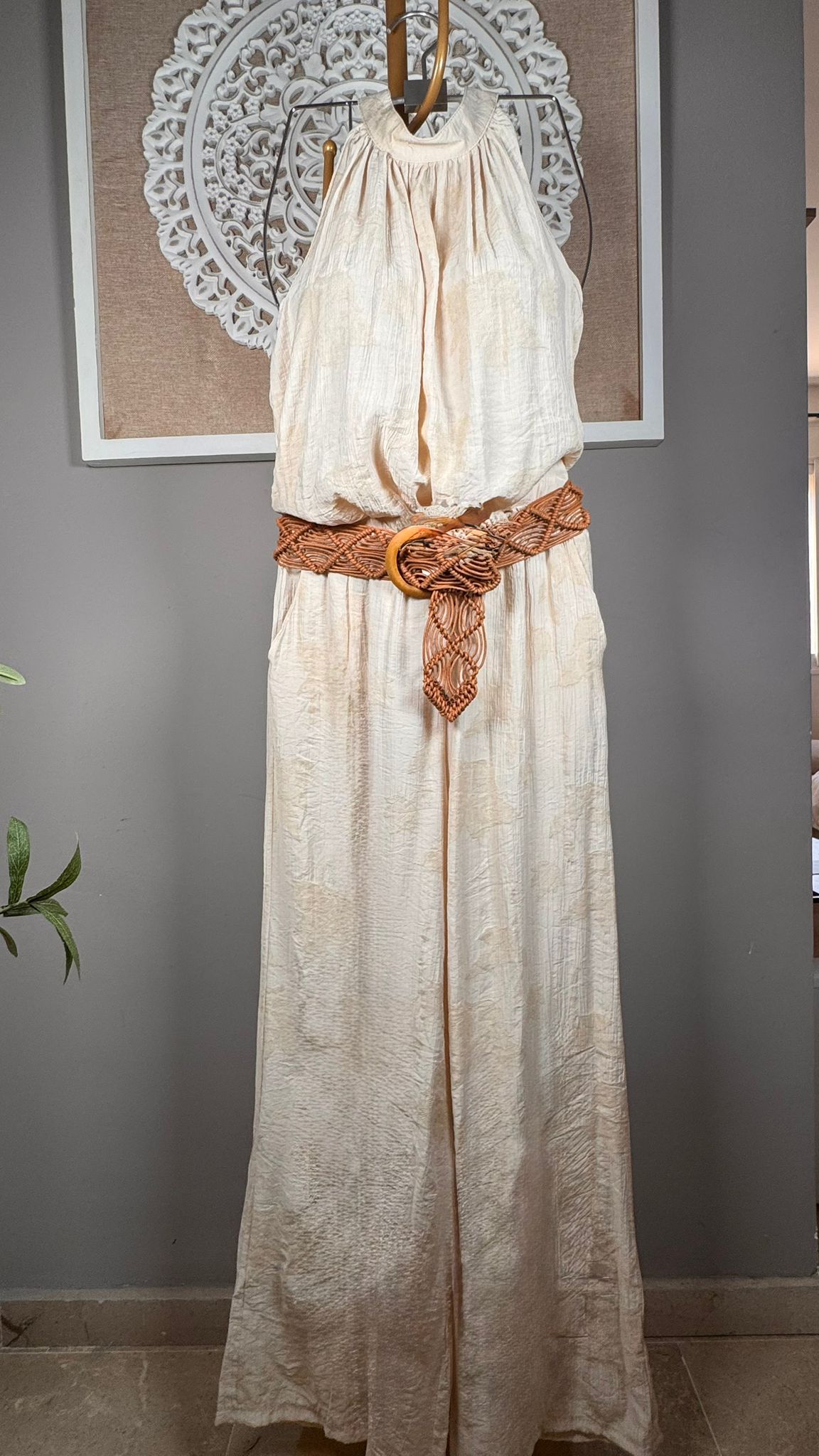Conjunto Halter y Pantalón Palazzo con Estampado Sútil | Marrón, Beige y Teja | Tallas 36-44 | 87% Viscosa