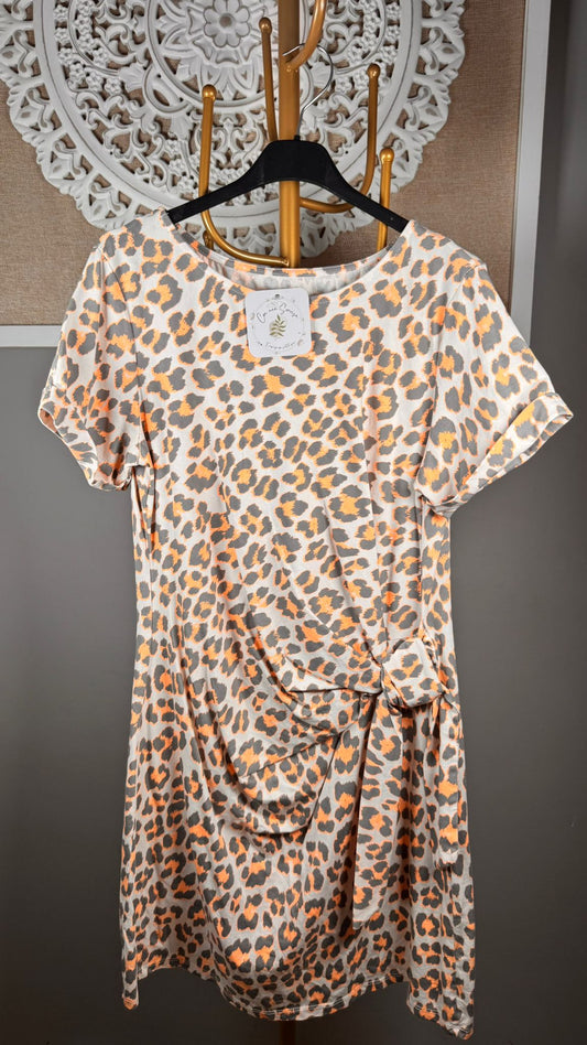Vestido Animal Print Taupe y Naranja Flúor