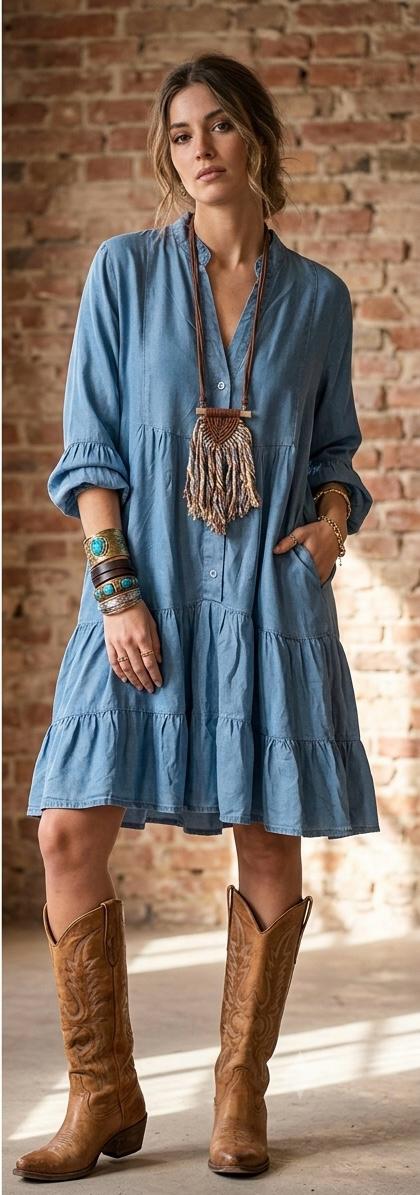 Vestido Tencel Azul Denim con Volantes