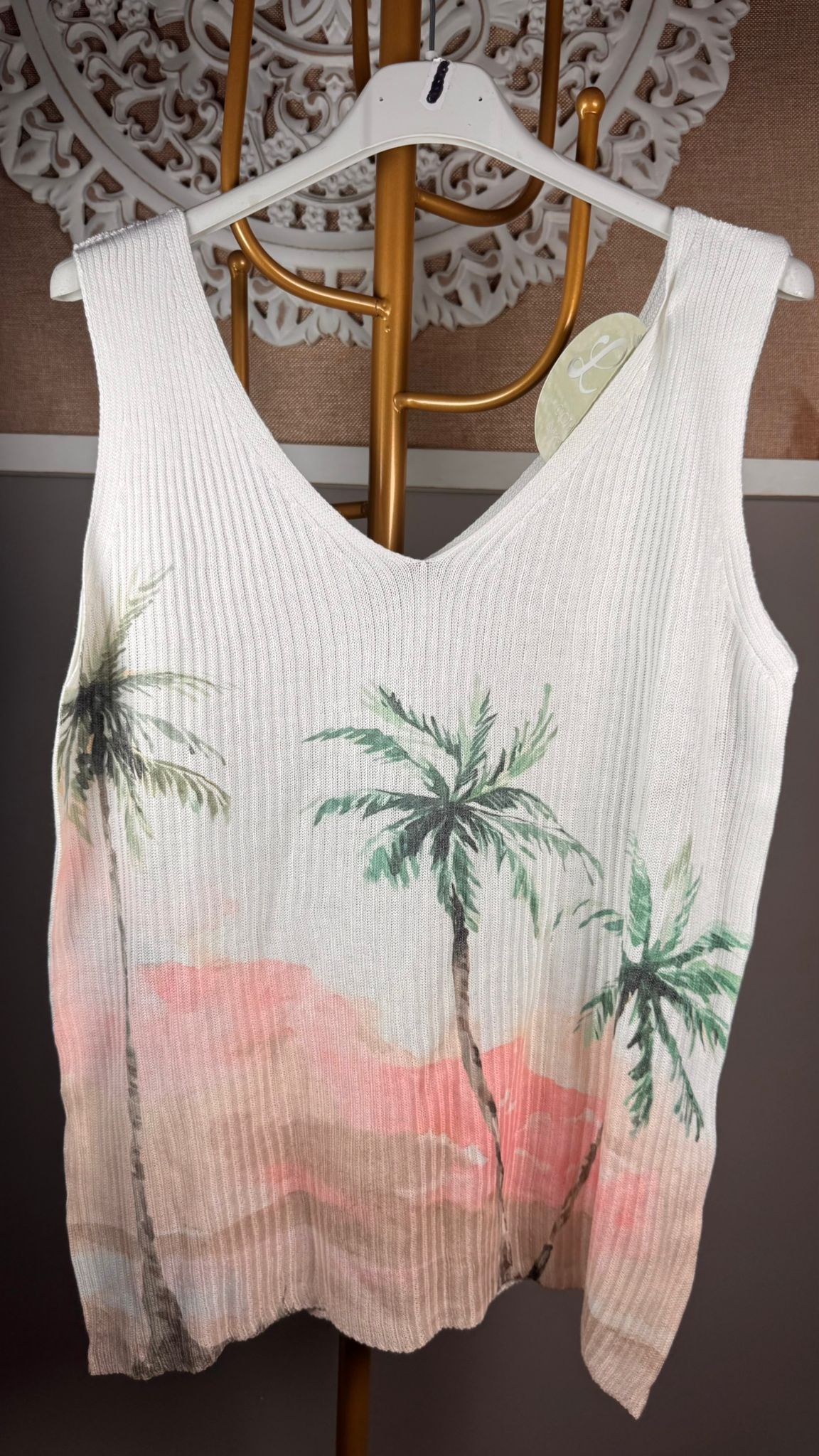 Top de Punto Canalé Fino con Estampado de Palmeras