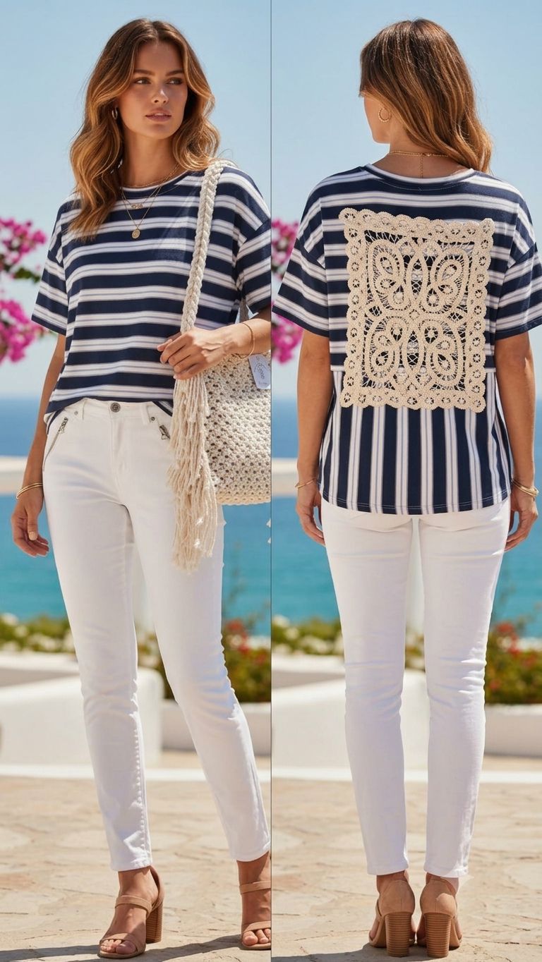 Camiseta de Rayas Marineras con Detalle de Crochet