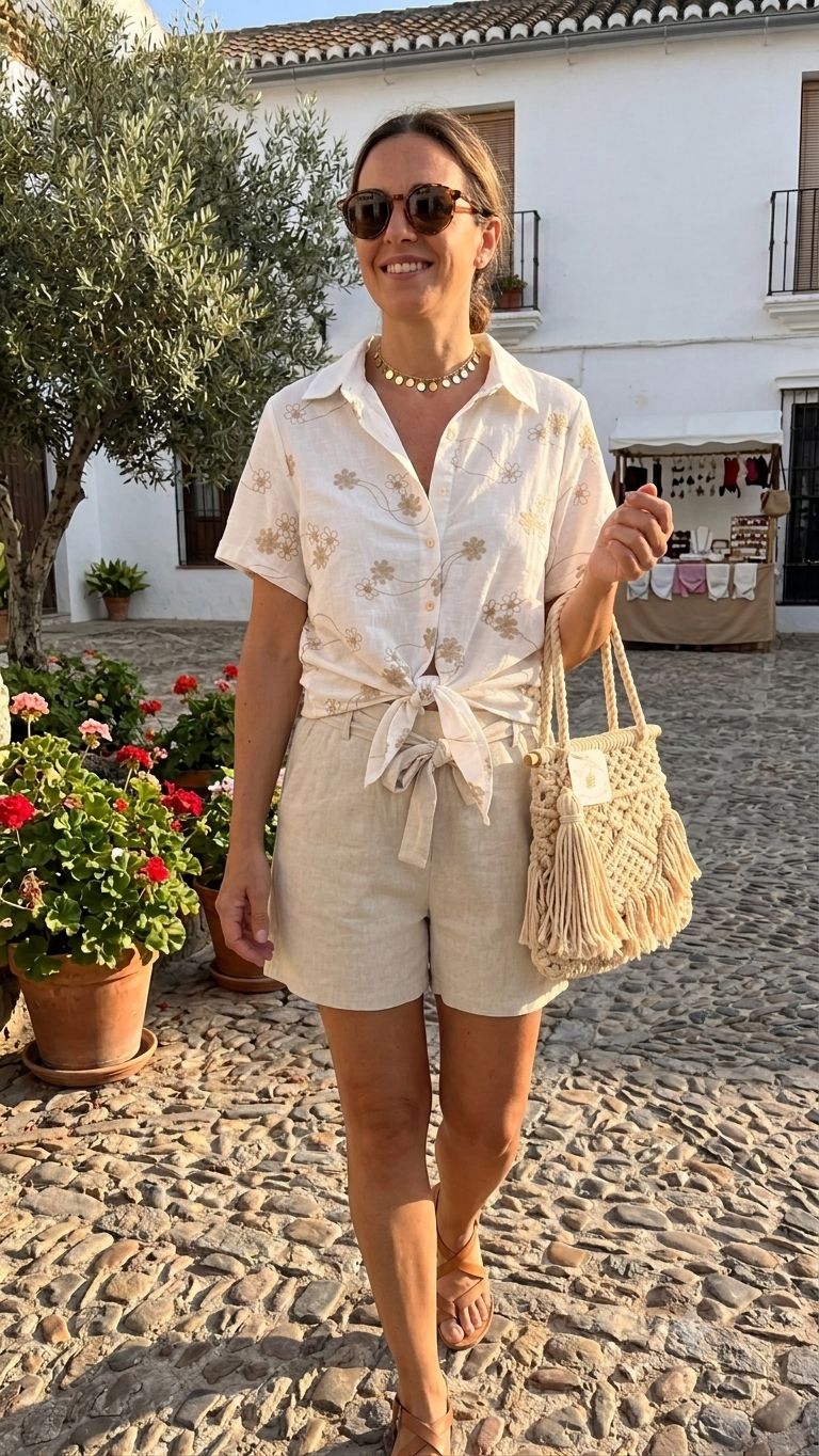 Camisa Blanca con Bordados Florales en Beige
