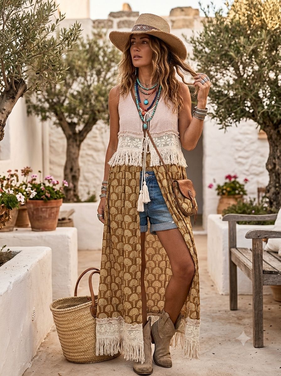Chaleco Largo Boho con Crochet