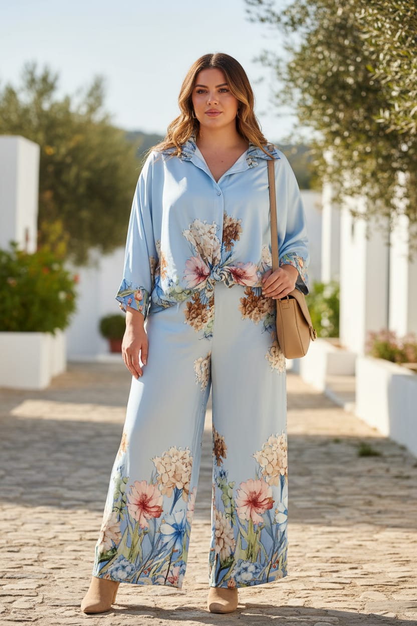 Camisa floral azul cielo - look completo con palazzo