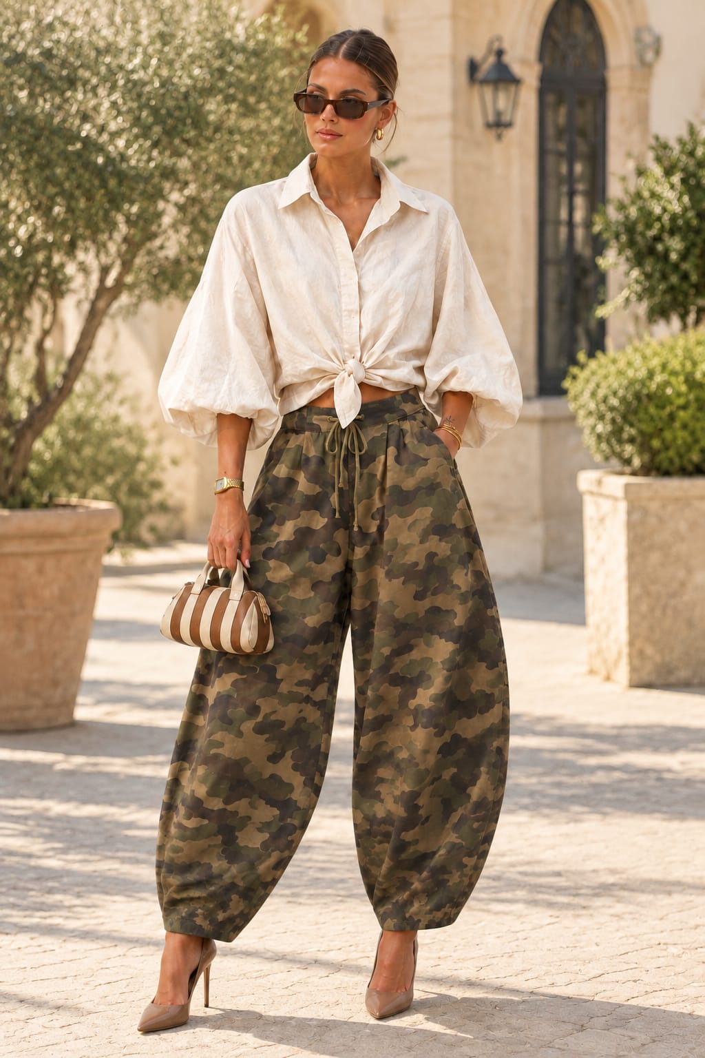 Pantalón camuflaje militar - look con camisa abullonada beis