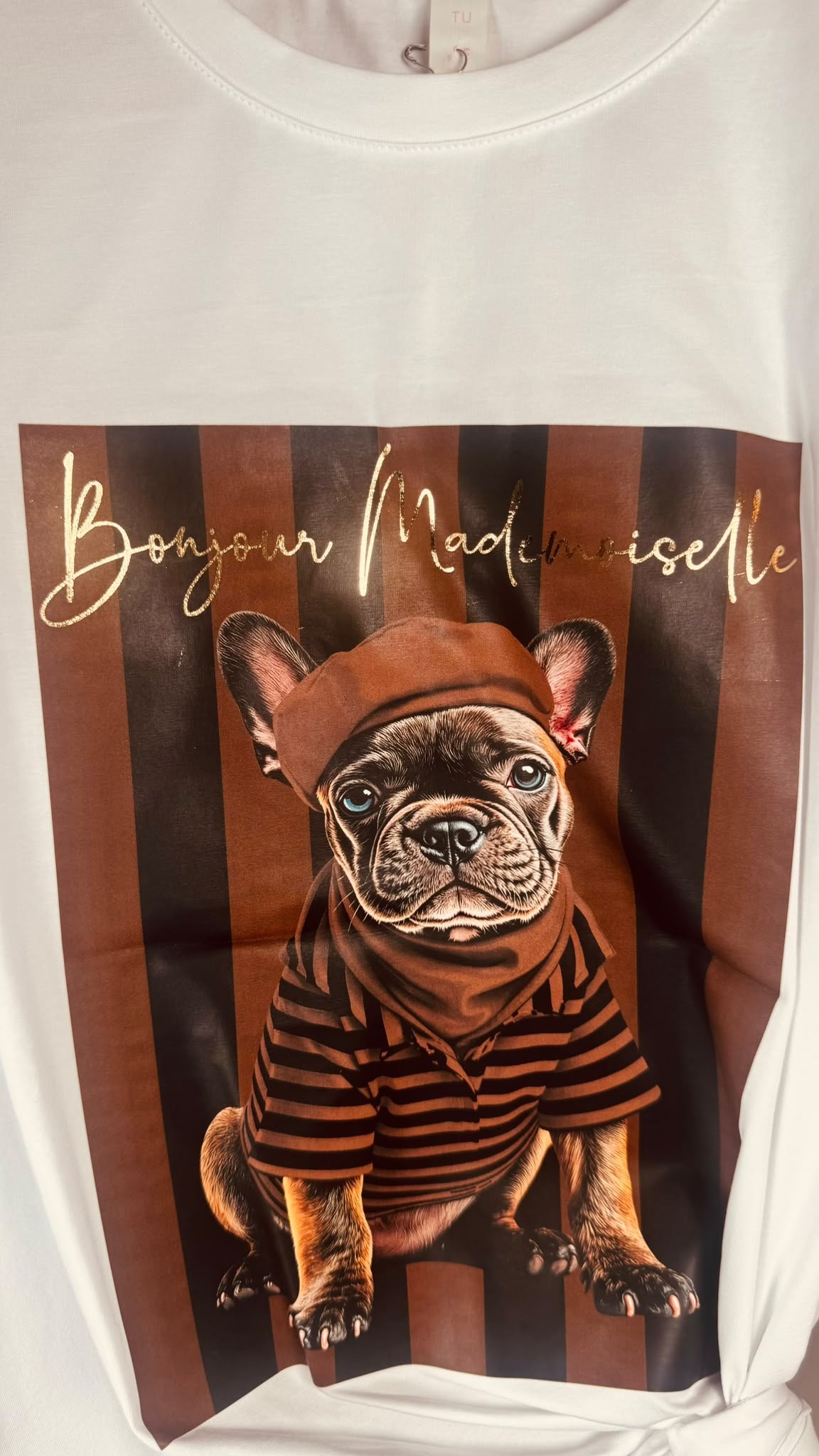 Detalle del bulldog francés con boina y camiseta de rayas negras y marrones