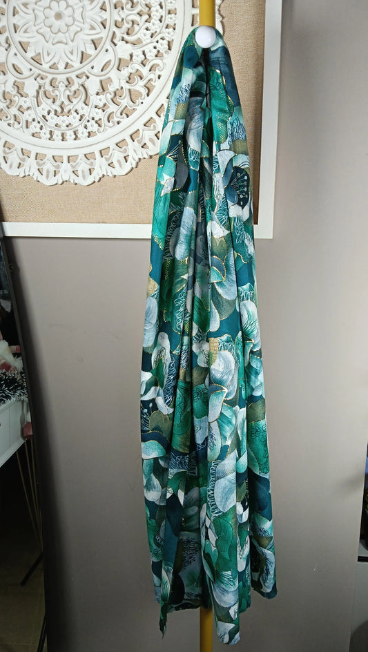 Pañuelo Estampado Flores Verde Turquesa Dorado