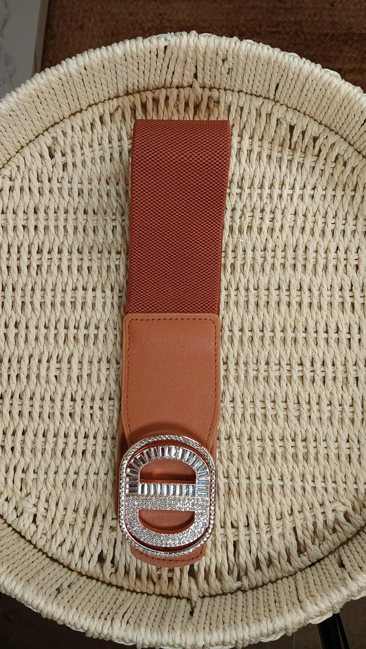 Cinturón Elástico Hebilla Pedrería Marrón