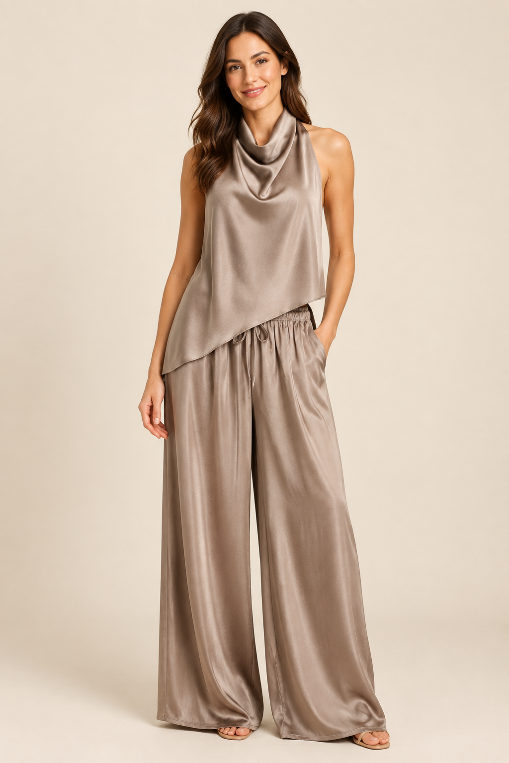 Modelo con conjunto satinado taupe