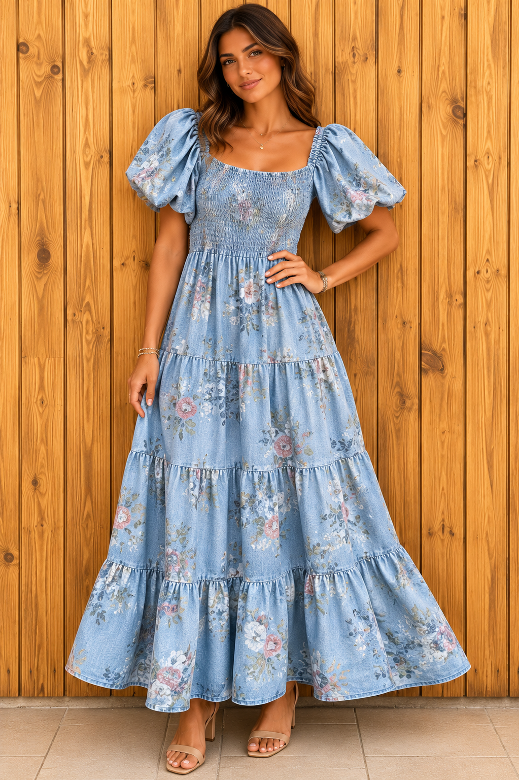 Vestido Midi Floral Puff Sleeve