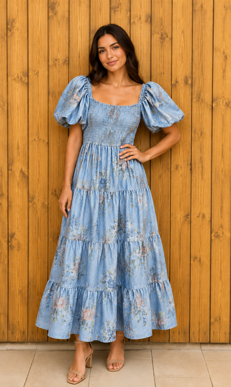 Vestido Midi Floral Puff Sleeve