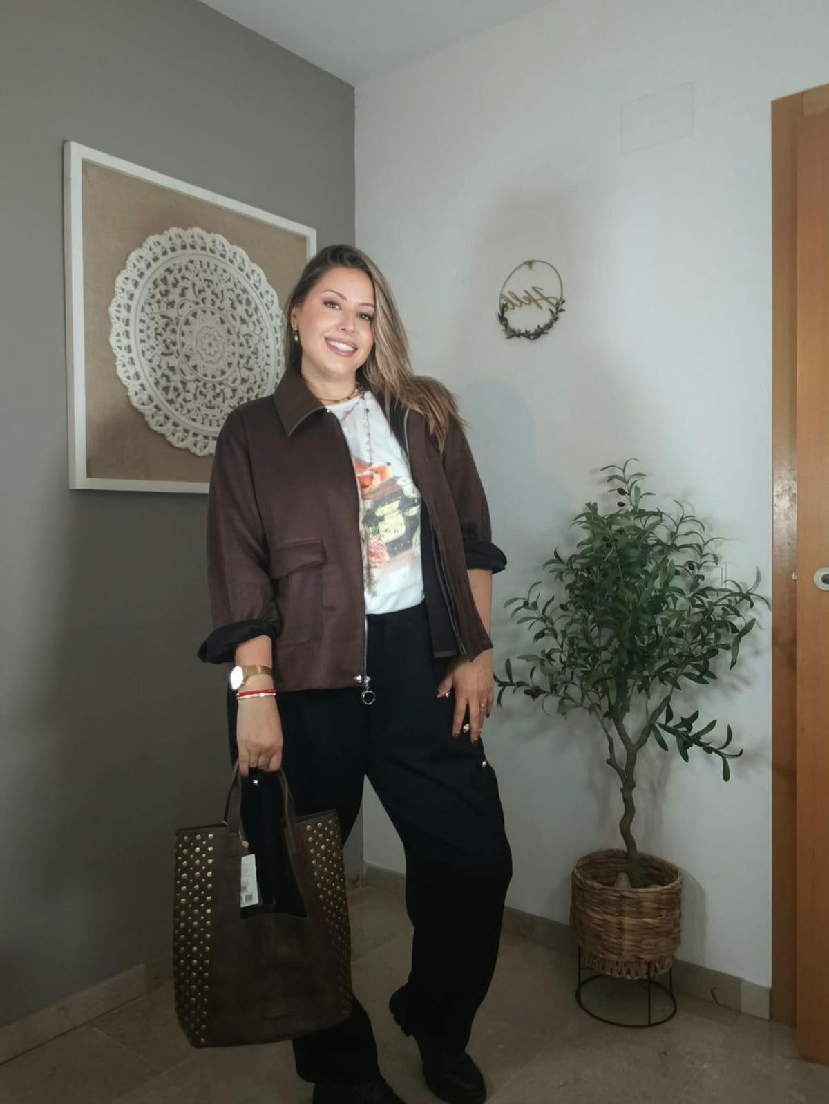 Bolso Vintage con tachuelas doradas y bolso interior extraíble