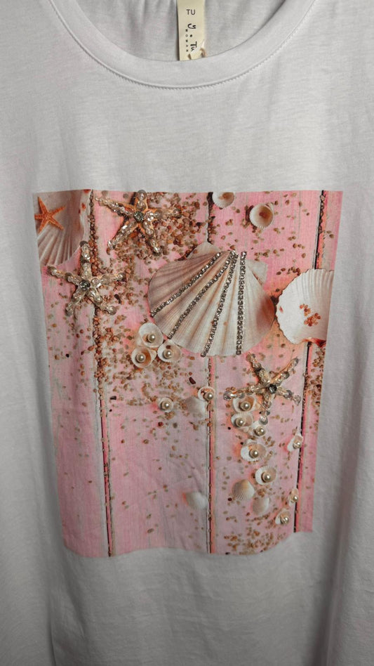 🐚 Camiseta Marina con Conchas y Pedrería (3 colores)