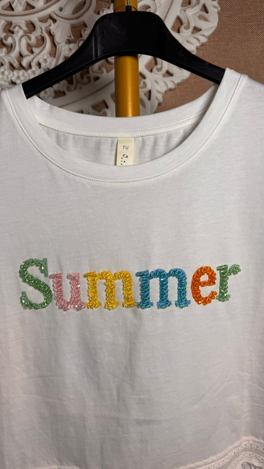 ☀️ Camiseta Summer con Lentejuelas Multicolor y Bajo Troquelado