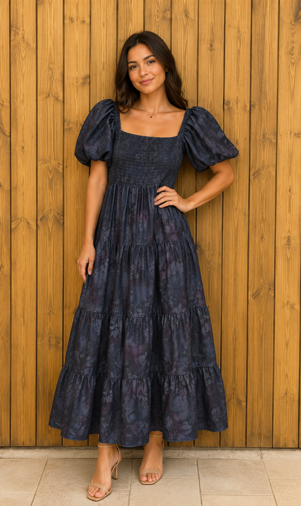 Vestido Midi Floral Puff Sleeve