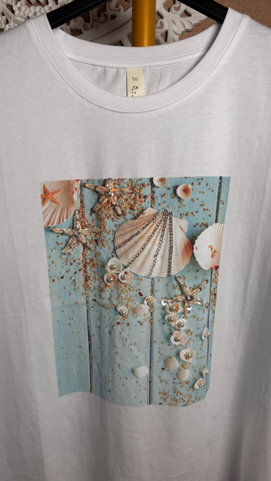 🐚 Camiseta Marina con Conchas y Pedrería (3 colores)