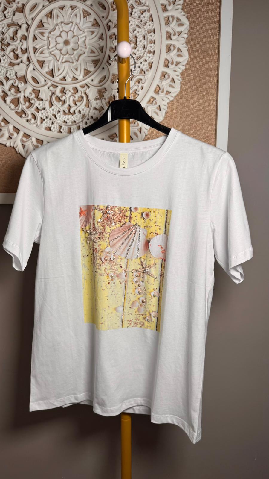 🐚 Camiseta Marina con Conchas y Pedrería (3 colores)