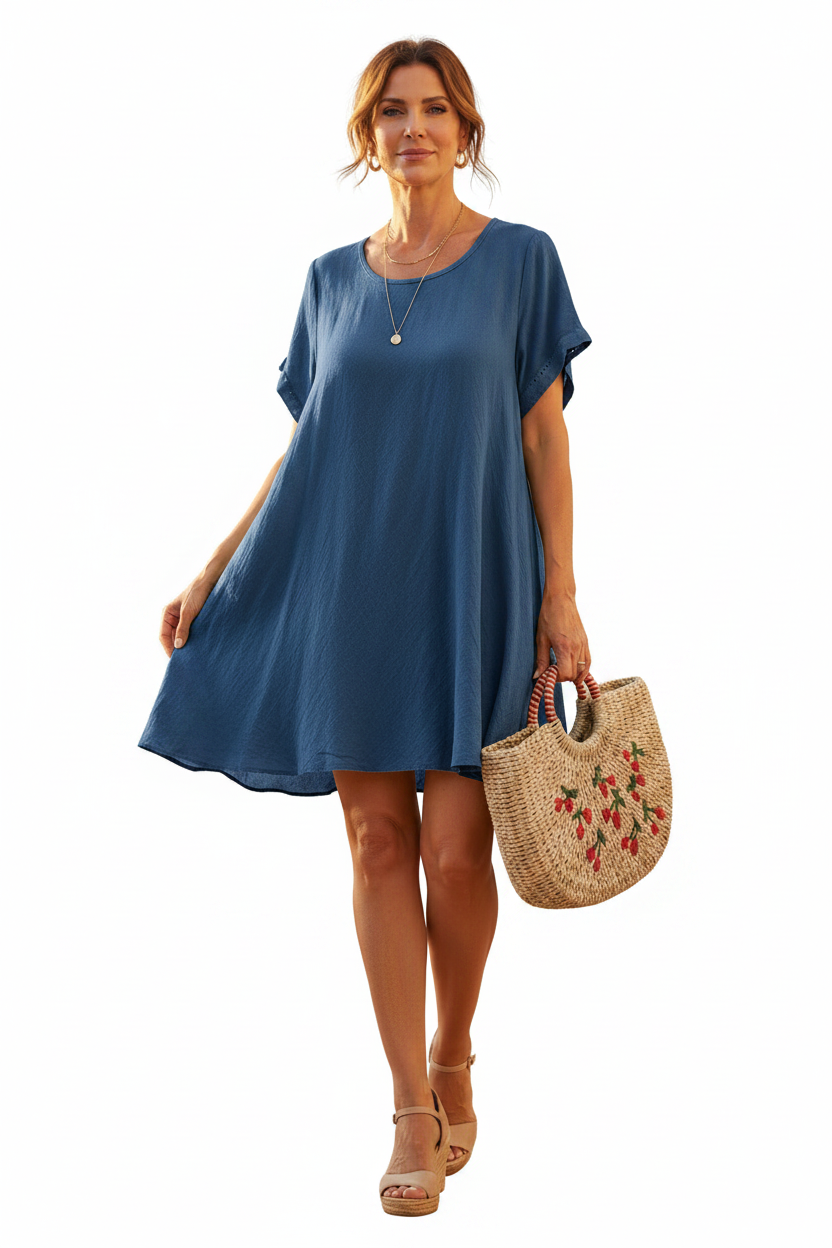 Vestido Efecto Lino Azul Tejano